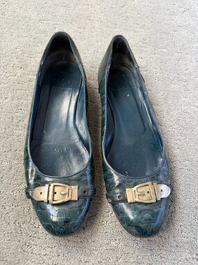 Gucci Logo Print Rounded Toe Flats – Women's Size 9.5 B | Silver Buckle